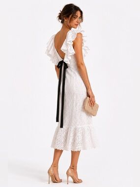 Saloni Ella White Eyelet Ruffle Midi Dress Open Back Bow Size 0